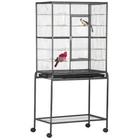 30" Rolling Metal Bird Cage Feeder with Detachable Rolling Stand, Storage Shelf, Wood Perch & Food Container