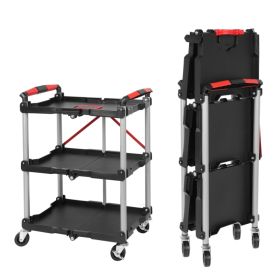 Foldable Utility Service Cart, 3 Shelf Heavy Duty Plastic Rolling Cart With Swivel Wheels 2 With Brakes, Ergonomic Handle, Portable Garage Tool Cart F