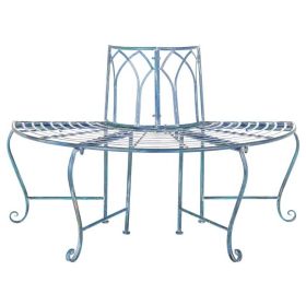 Half-Circle Outdoor Patio Garden Antique Blue Wrought Iron Tree Bench