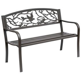 Brown Metal Garden Bench: 50" Patio Seating with Backrest & Armrests