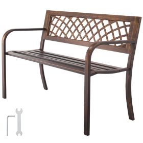 Outdoor Bench, 46 inch, Carbon Steel Metal Frame with PVC Mesh Pattern Backrest and Round Edge Armrests, Weatherproof Outside Bench for Patio, Garden