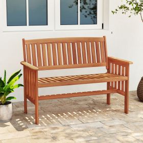 Outdoor Wood Garden Bench 2-Person Patio Park Bench with Backrest Armrests and Slatted Seat