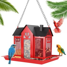 1Pc  Metal Hanging Bird Feeder House Classic Barn Bird Feeder House Iron Hanging Outdoor Feeder With Visible Window And Lift Top Lid 15.75in Hanging L (Option: Red)